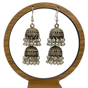 Indian Oxidized Metal Double‎ Jhumka Earrings Filigree Boho Chandelier Bohemian
